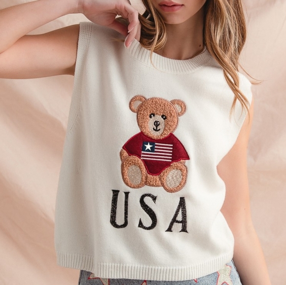 Teddy Bear American Flag USA Embroidered Sweater Vest - Picture 1 of 11